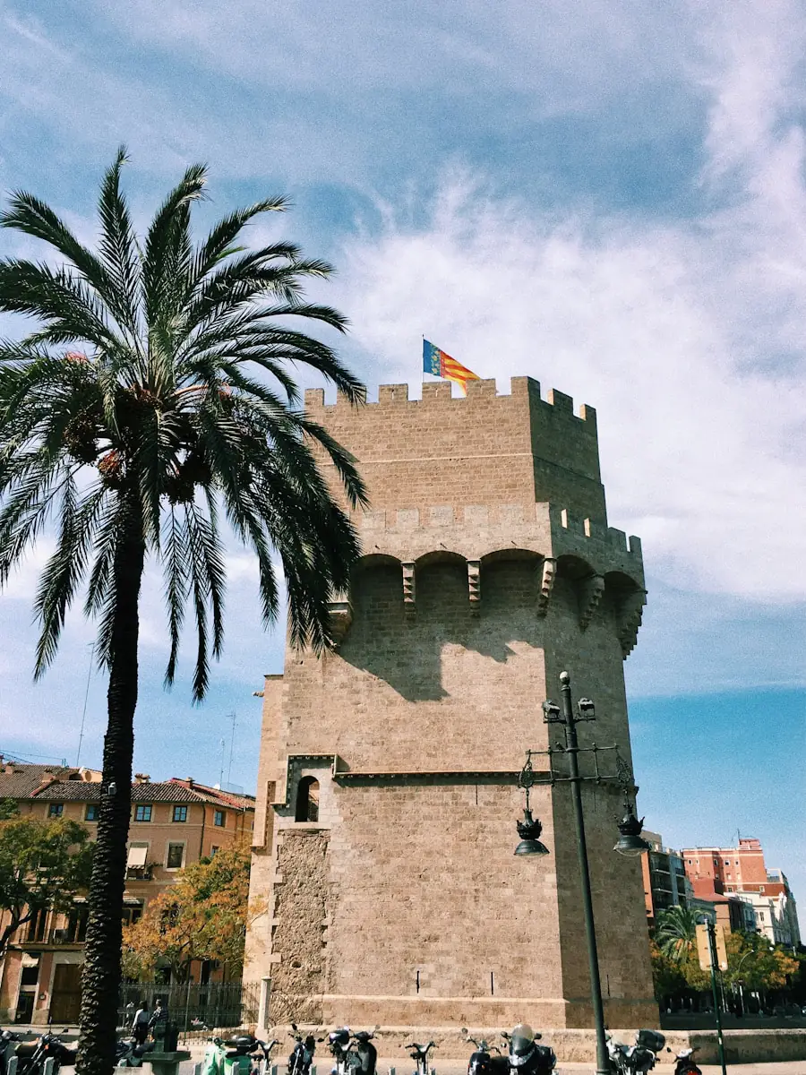 Una de las Torres de Serranos, la puerta norte del jardín del Túria, con una palmera delante